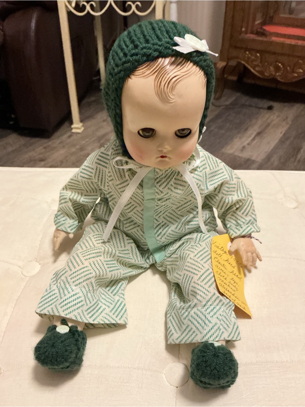 Madame Alexander Green Knit Bonnet Doll in Mint Patterned Outfit